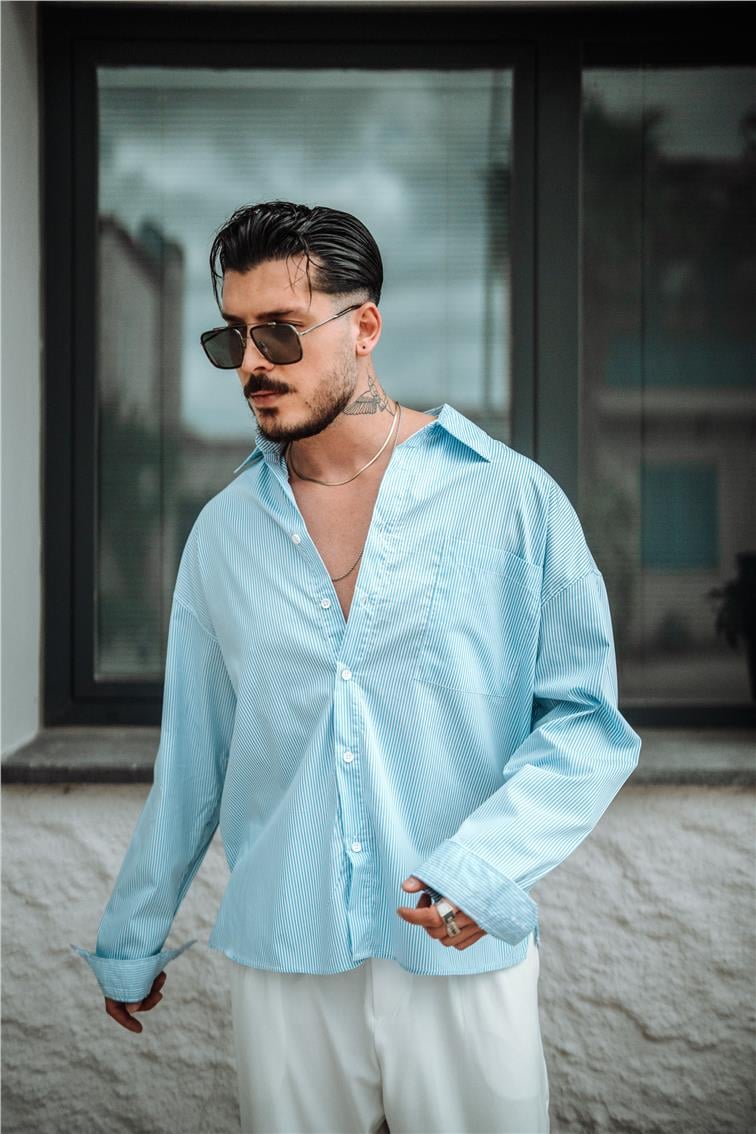 Sık Çizgili Oversize Gömlek Açık Mavi