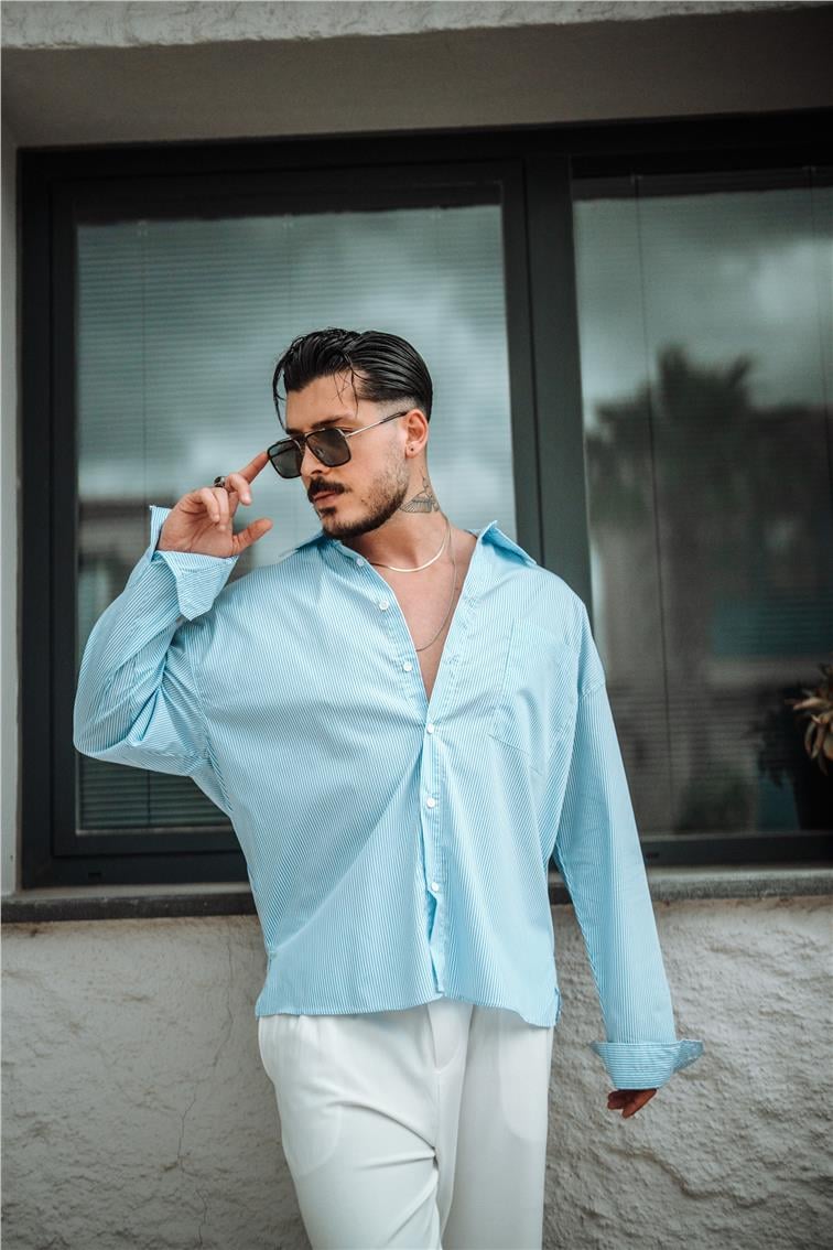 Sık Çizgili Oversize Gömlek Açık Mavi