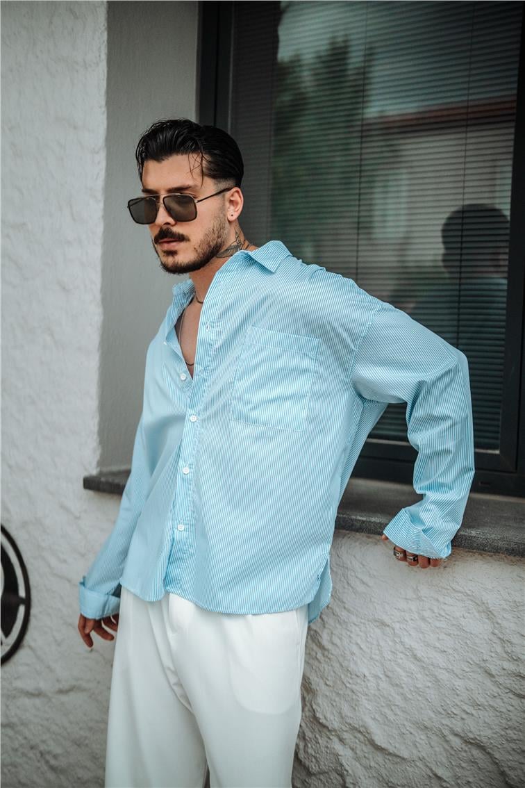 Sık Çizgili Oversize Gömlek Açık Mavi