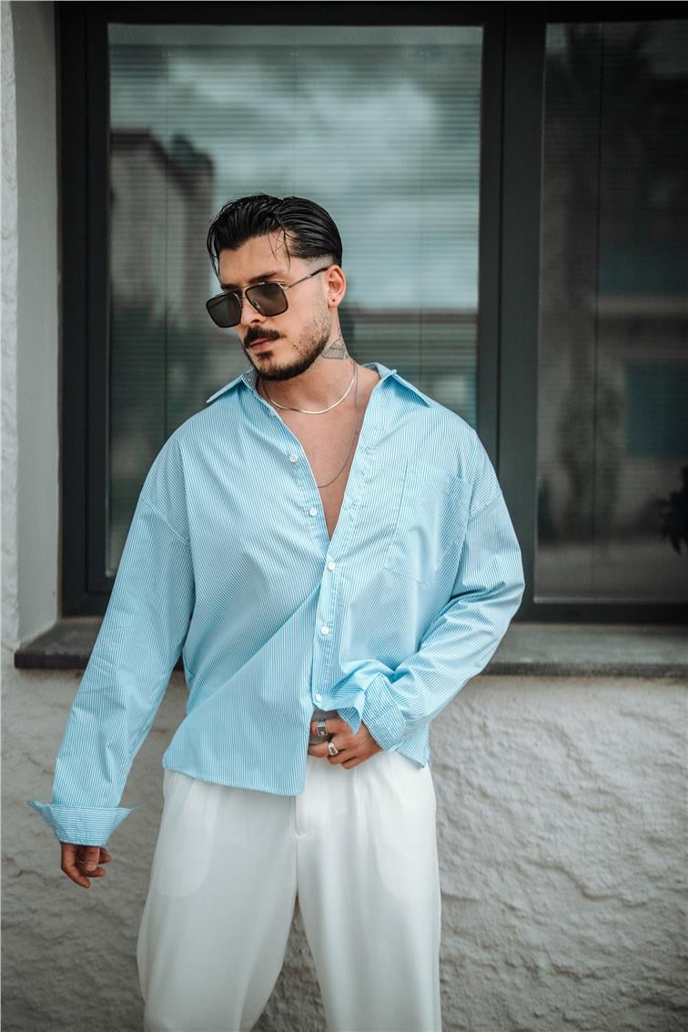 Sık Çizgili Oversize Gömlek Açık Mavi