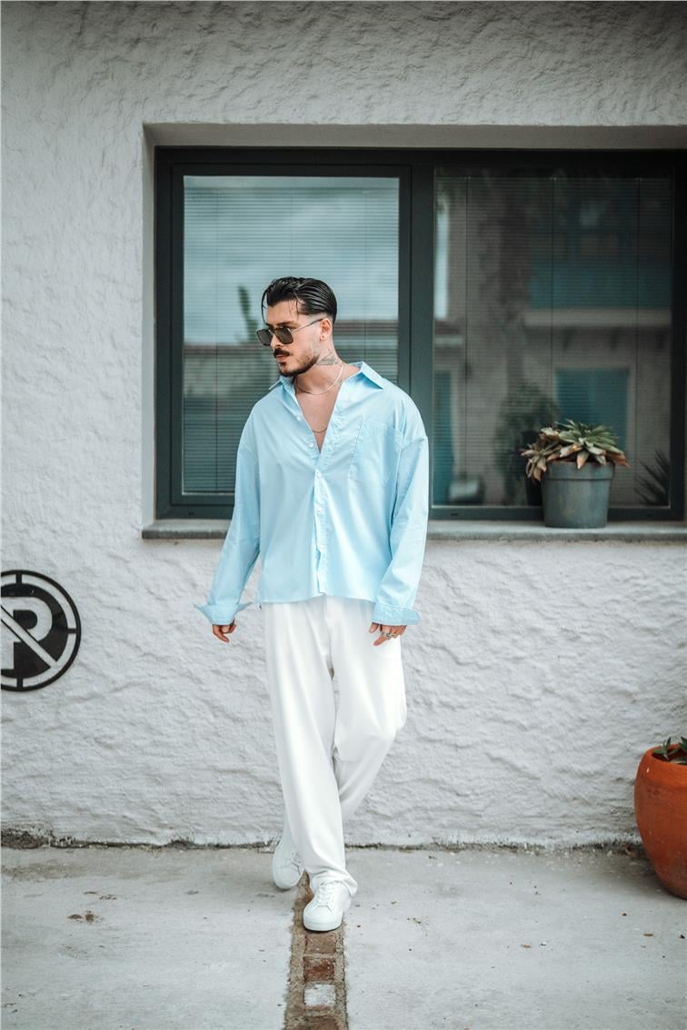Sık Çizgili Oversize Gömlek Açık Mavi