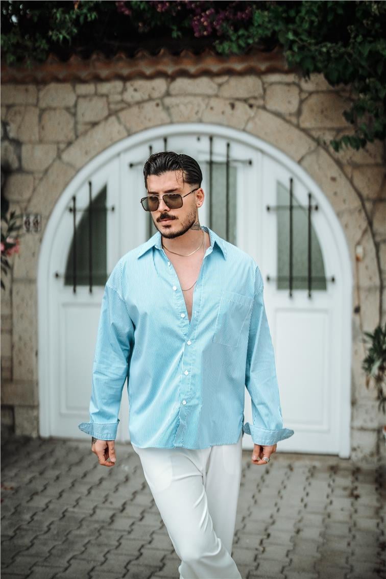 Sık Çizgili Oversize Gömlek Koyu Mavi