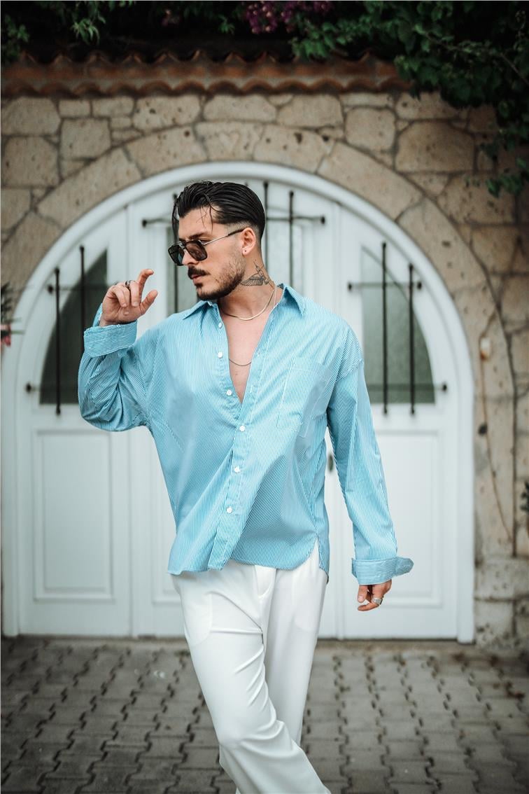 Sık Çizgili Oversize Gömlek Koyu Mavi