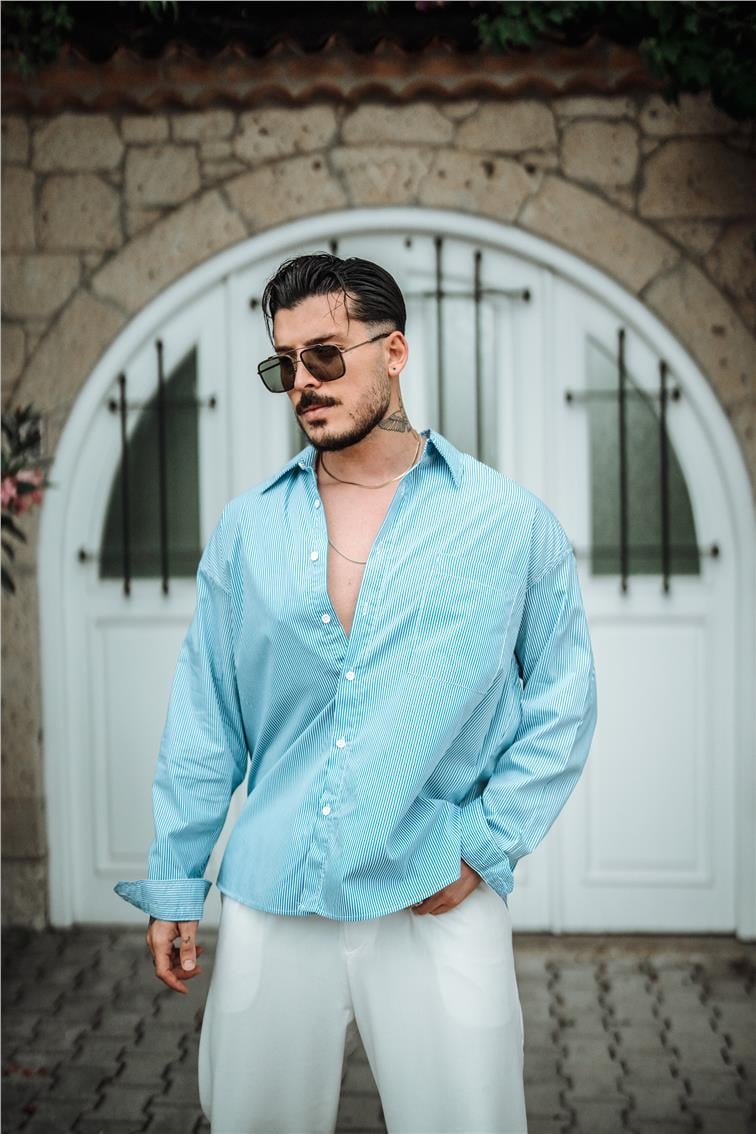Sık Çizgili Oversize Gömlek Koyu Mavi