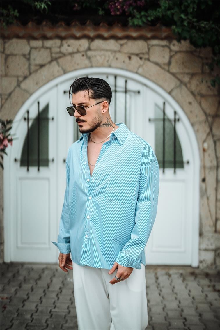 Sık Çizgili Oversize Gömlek Koyu Mavi