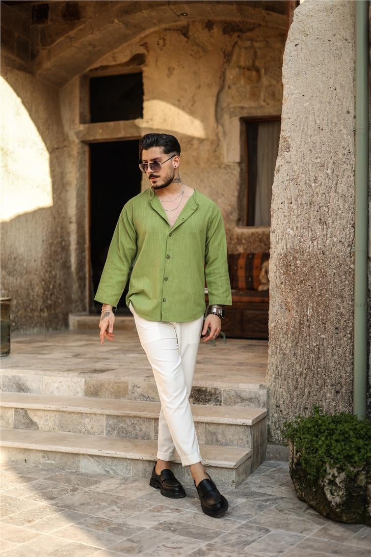 Şile Bezi Fakir Kol Oversize Gömlek Fıstık Yeşiili