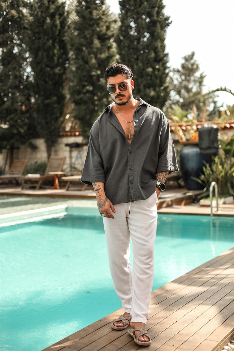 Şile Bezi Fakir Kol Oversize Gömlek Füme