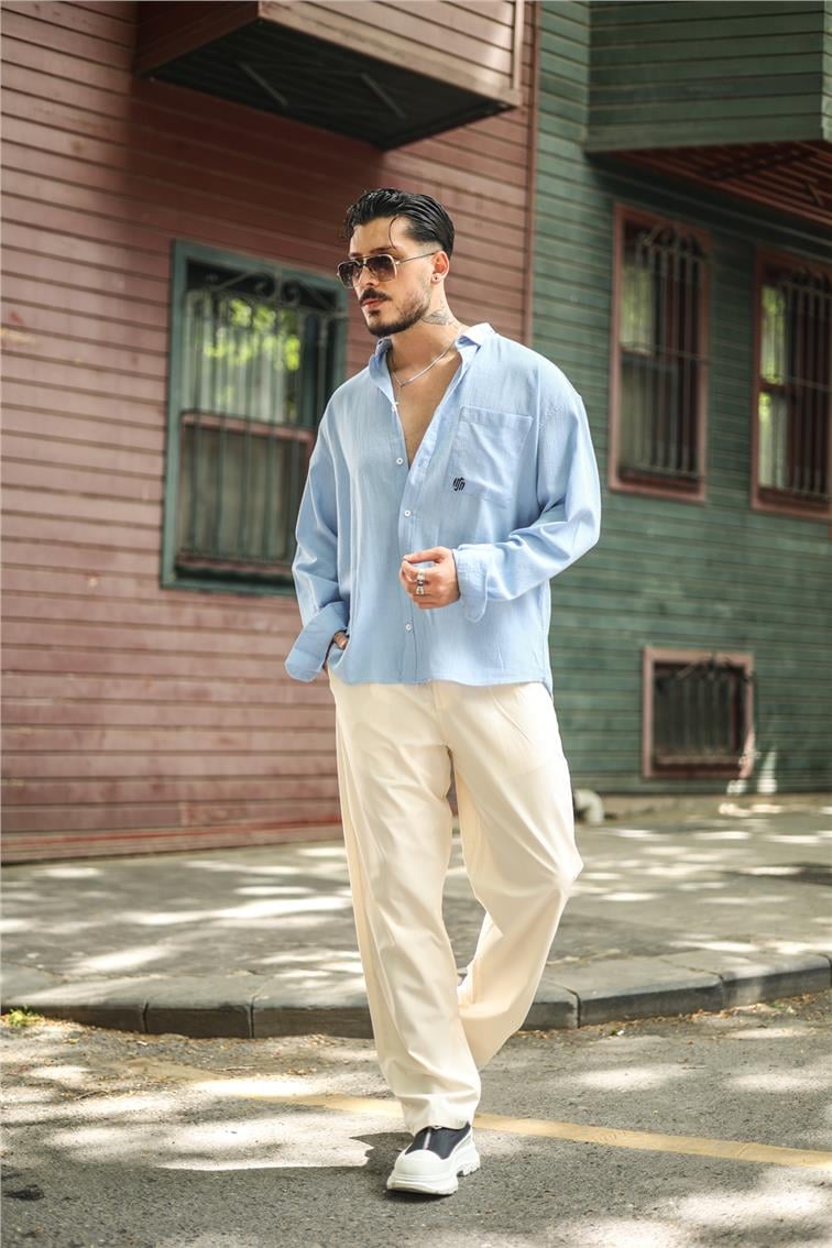 Şile Bezi Oversize Krinkıl Gömlek Açık Mavi