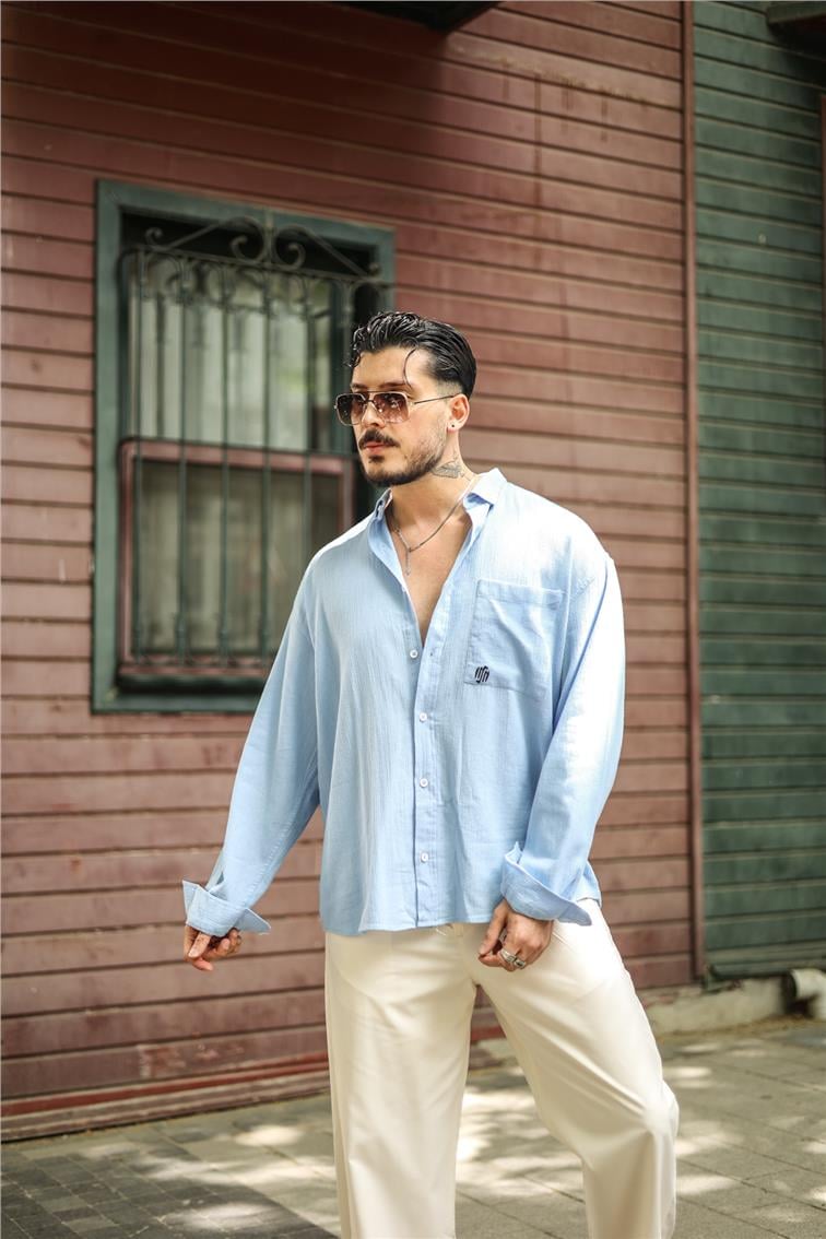 Şile Bezi Oversize Krinkıl Gömlek Açık Mavi