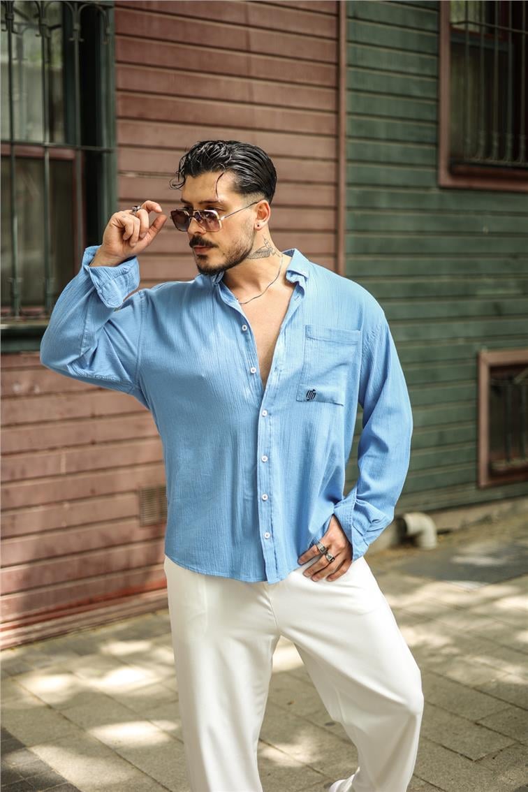 Şile Bezi Oversize Krinkıl Gömlek Koyu Mavi