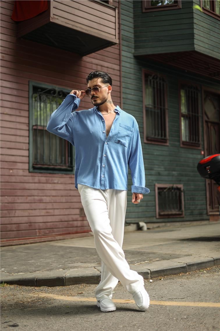Şile Bezi Oversize Krinkıl Gömlek Koyu Mavi