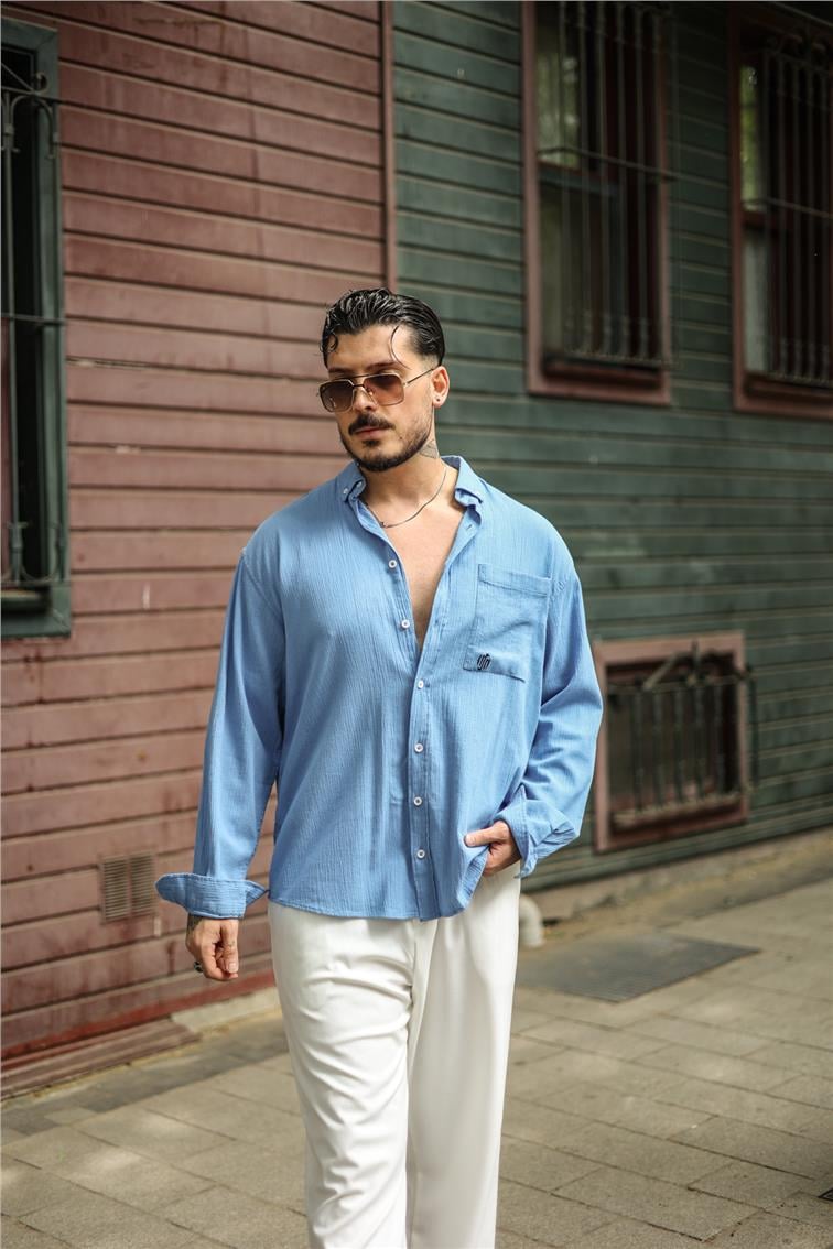 Şile Bezi Oversize Krinkıl Gömlek Koyu Mavi