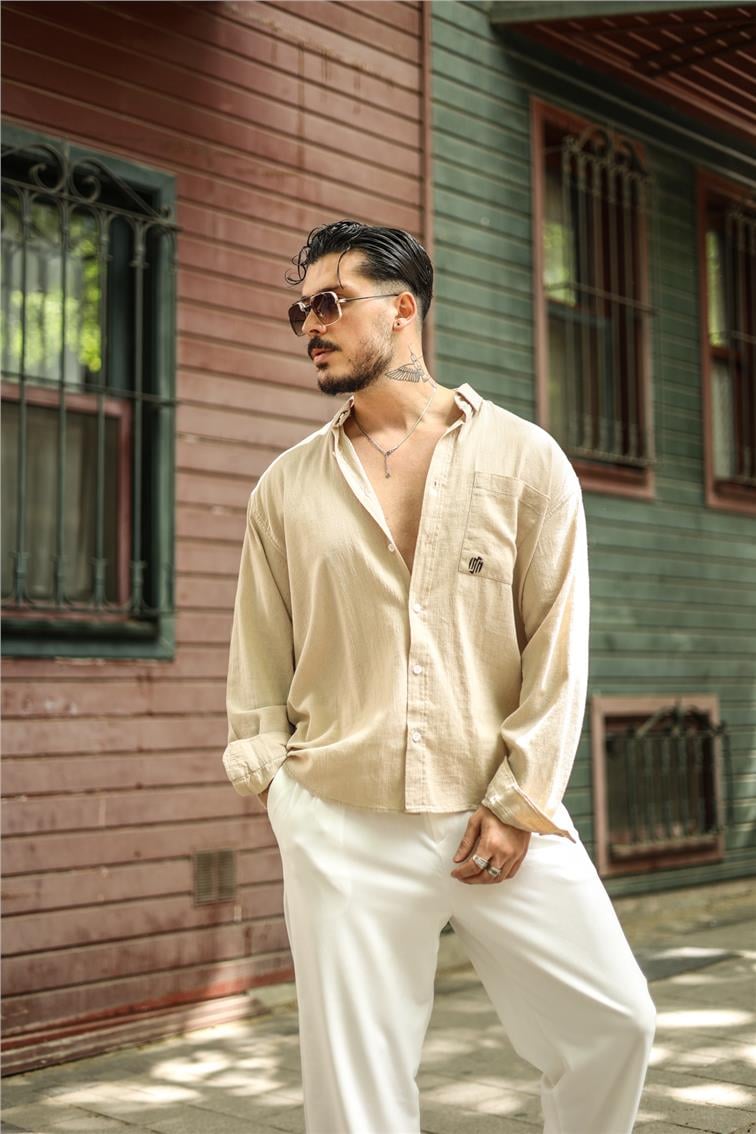 Şile Bezi Oversize Krinkıl Gömlek Krem