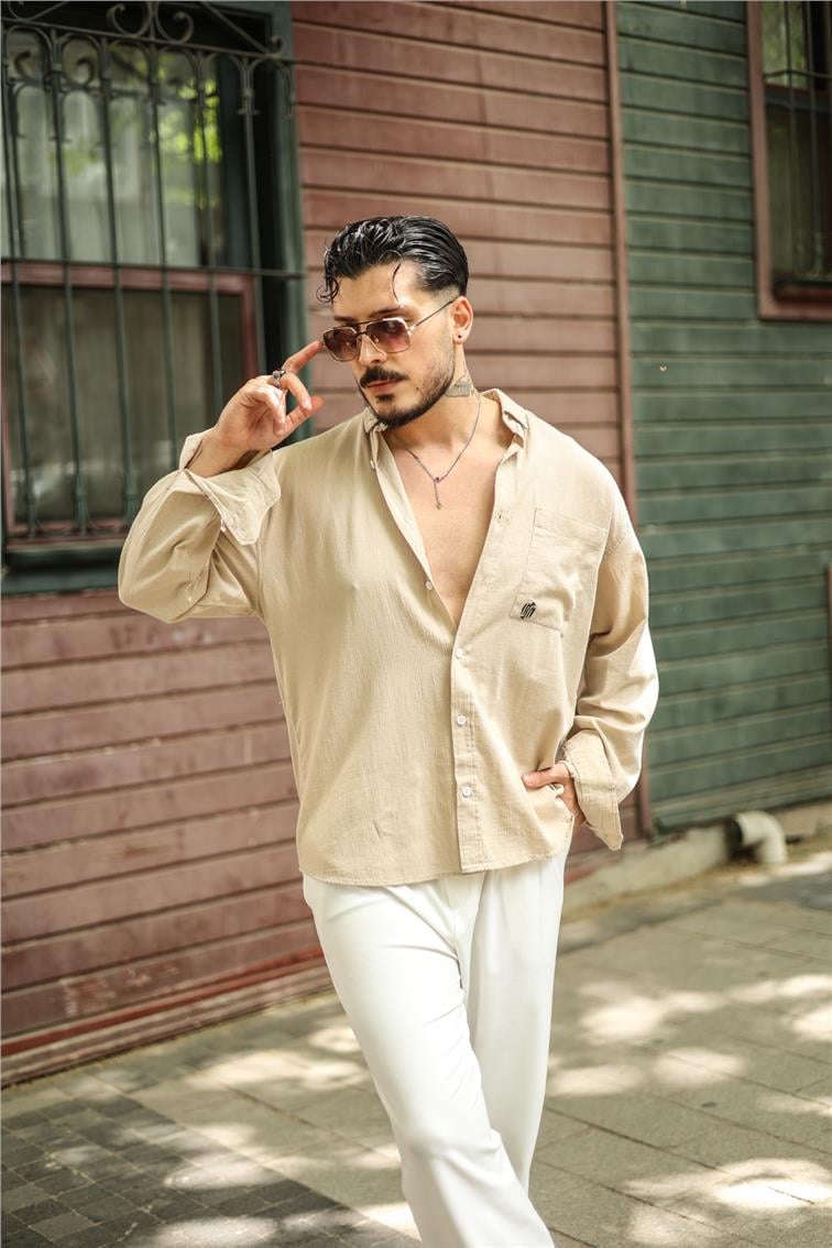 Şile Bezi Oversize Krinkıl Gömlek Krem