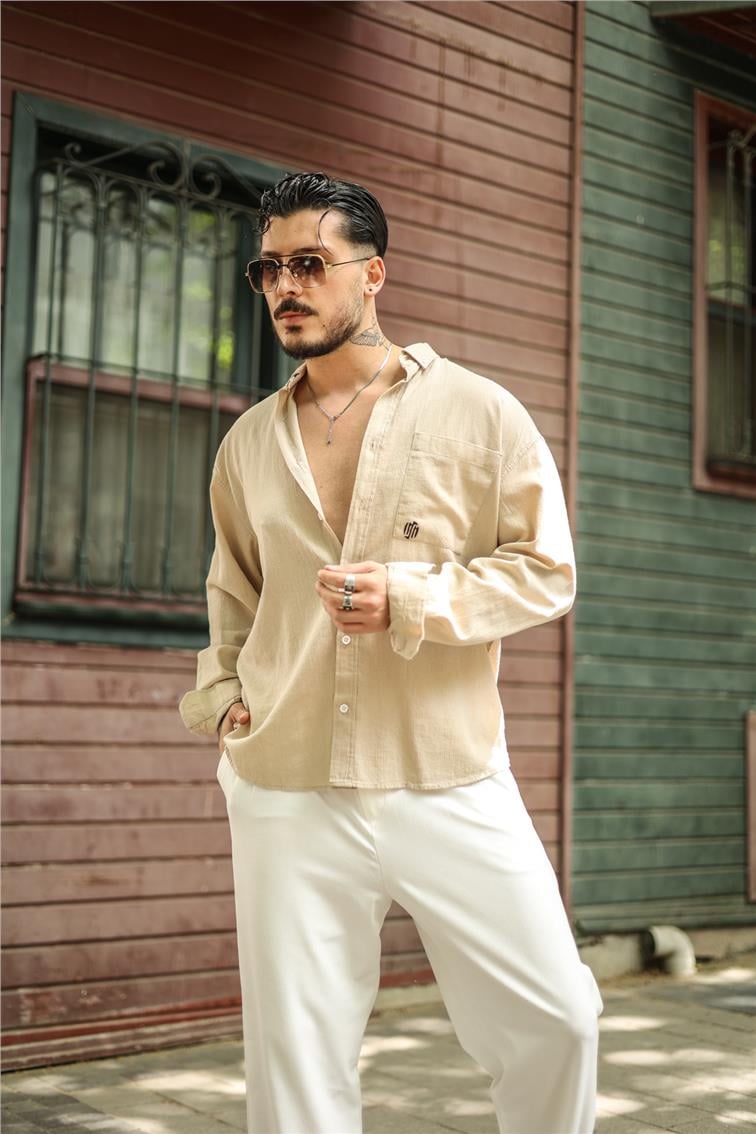 Şile Bezi Oversize Krinkıl Gömlek Krem
