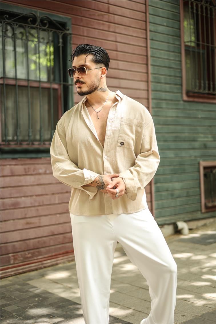 Şile Bezi Oversize Krinkıl Gömlek Krem