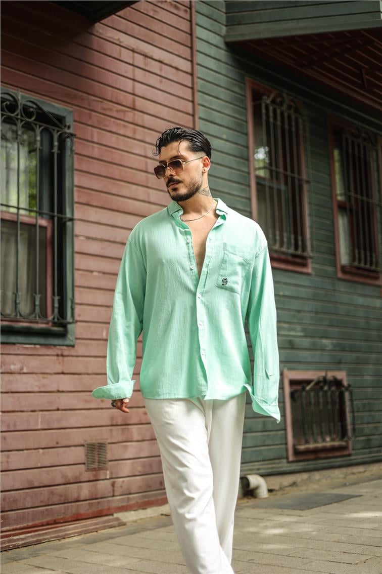 Şile Bezi Oversize Krinkıl Gömlek Su Yeşili