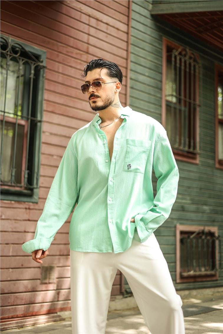 Şile Bezi Oversize Krinkıl Gömlek Su Yeşili