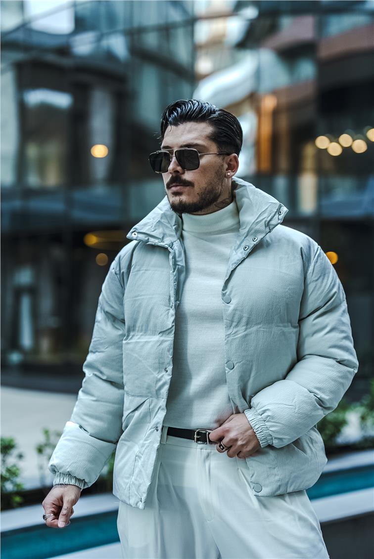Şişme Oversize Çıtçıtlı Mont Gri