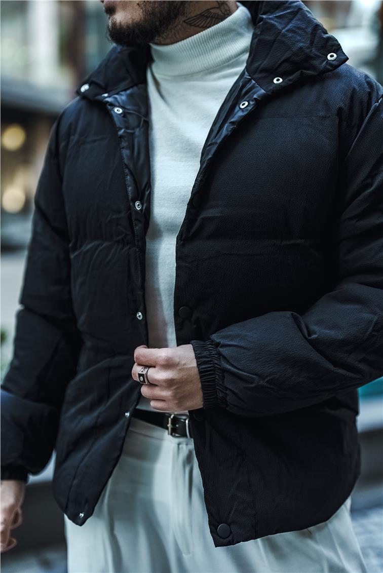 Şişme Oversize Çıtçıtlı Mont Siyah