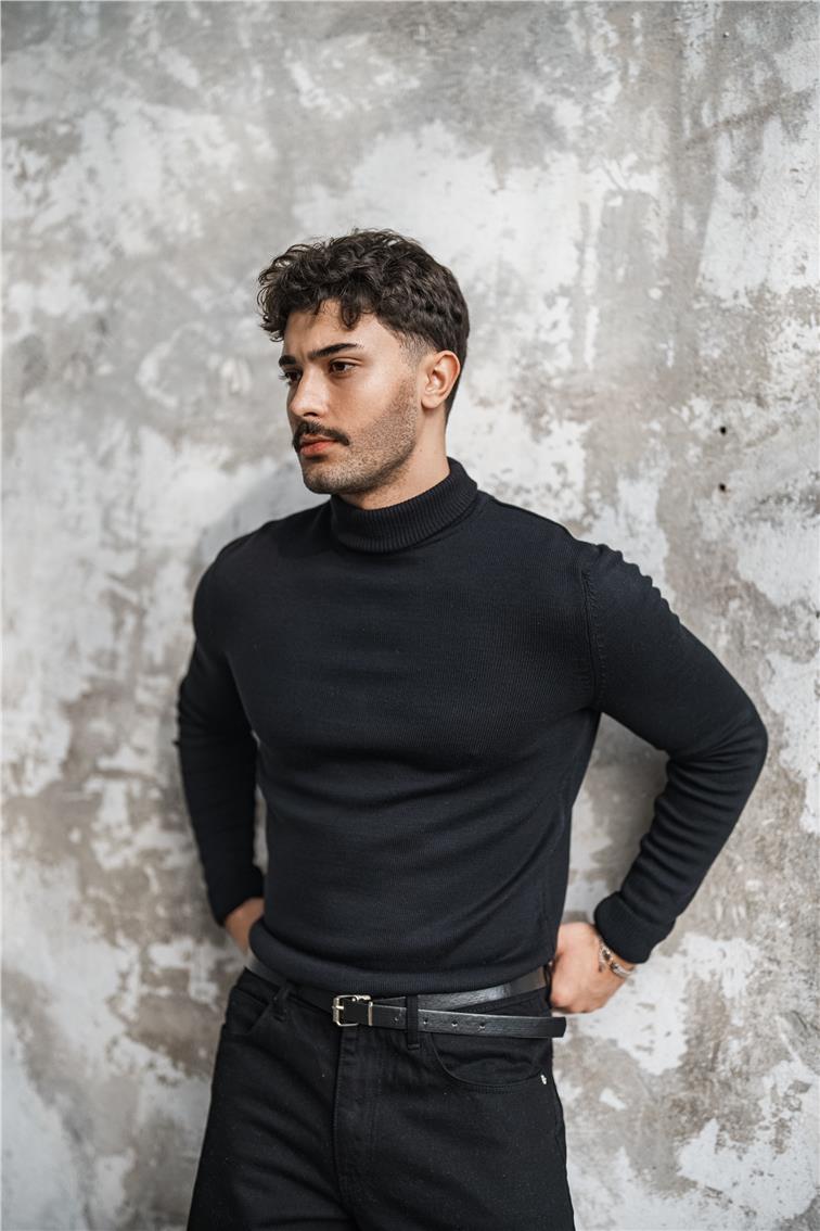 Slim Fit Boğazlı Triko Kazak Siyah