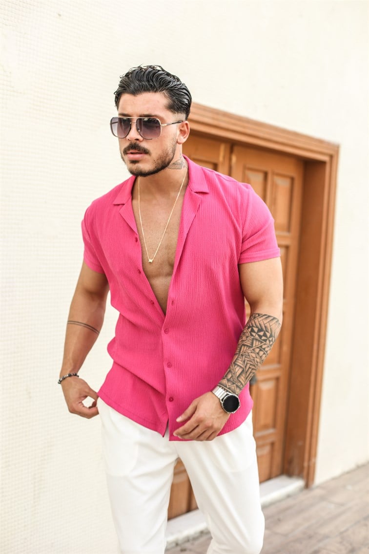 Slim Fit Pilili Kısa Kol Gömlek