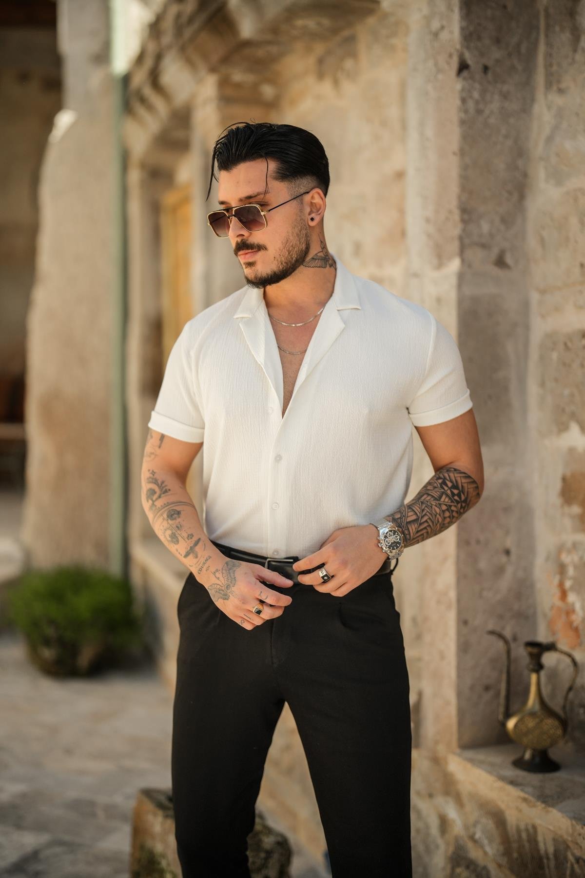 Slim Fit Pilili Kısa Kol Gömlek Beyaz