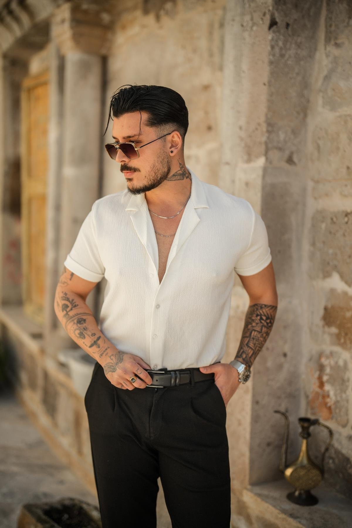 Slim Fit Pilili Kısa Kol Gömlek Beyaz