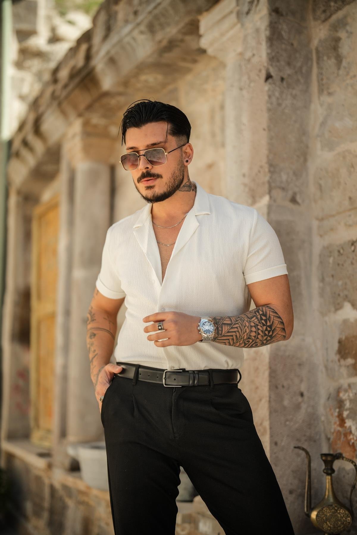 Slim Fit Pilili Kısa Kol Gömlek Beyaz