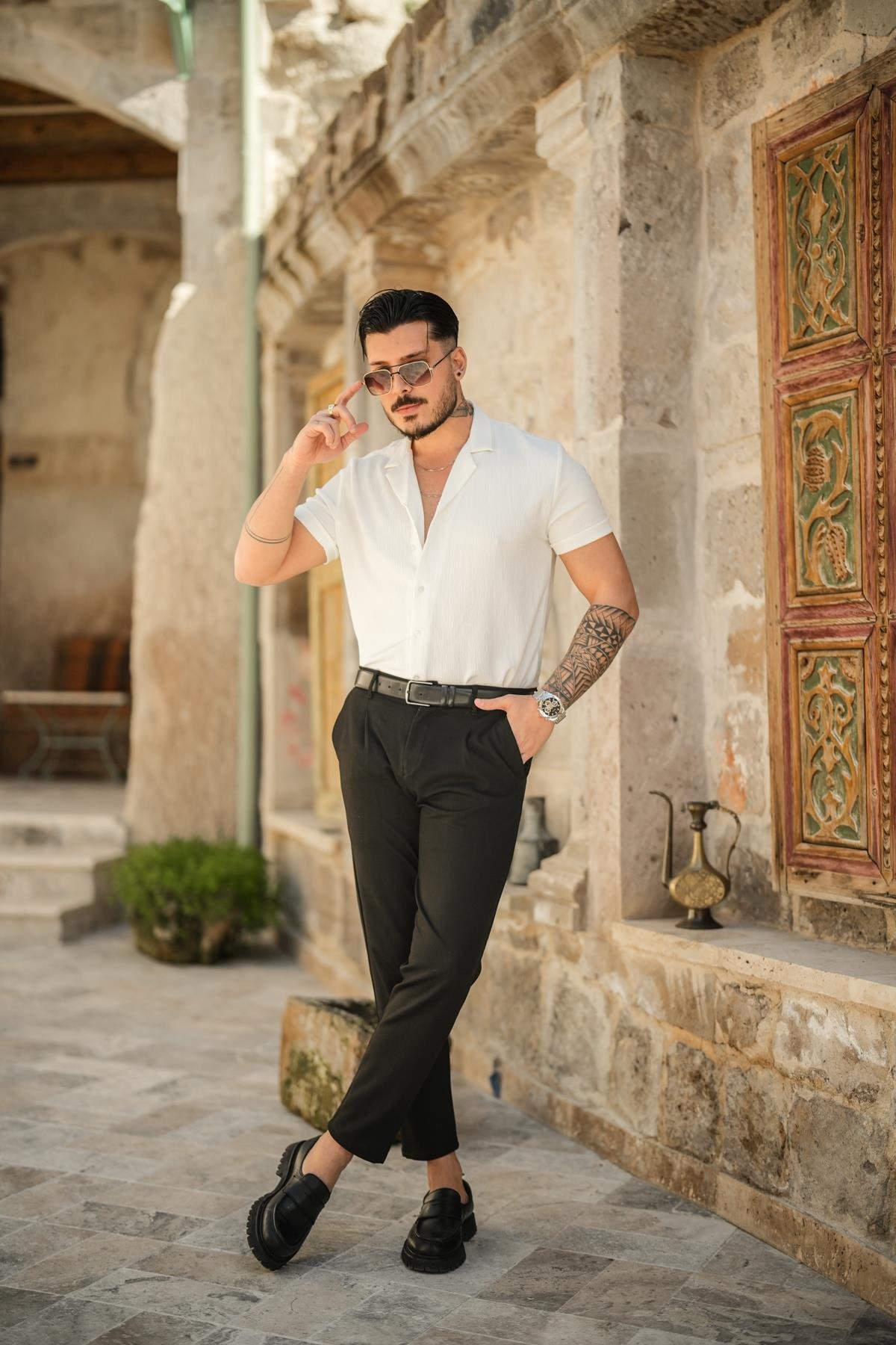 Slim Fit Pilili Kısa Kol Gömlek Beyaz