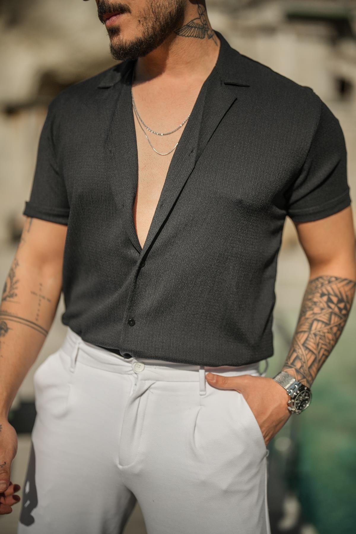 Slim Fit Pilili Kısa Kol Gömlek Siyah