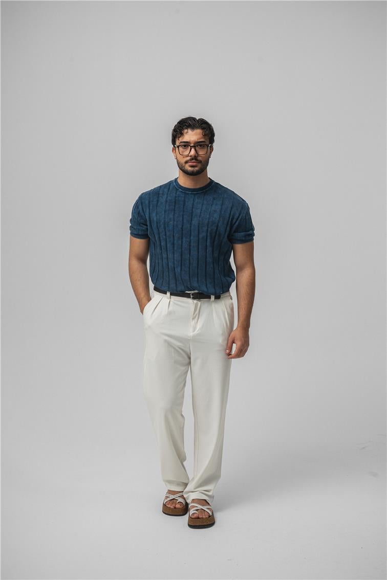 Slim Fit Washed Lines Knit T-Shirt Yıkamalı İndigo