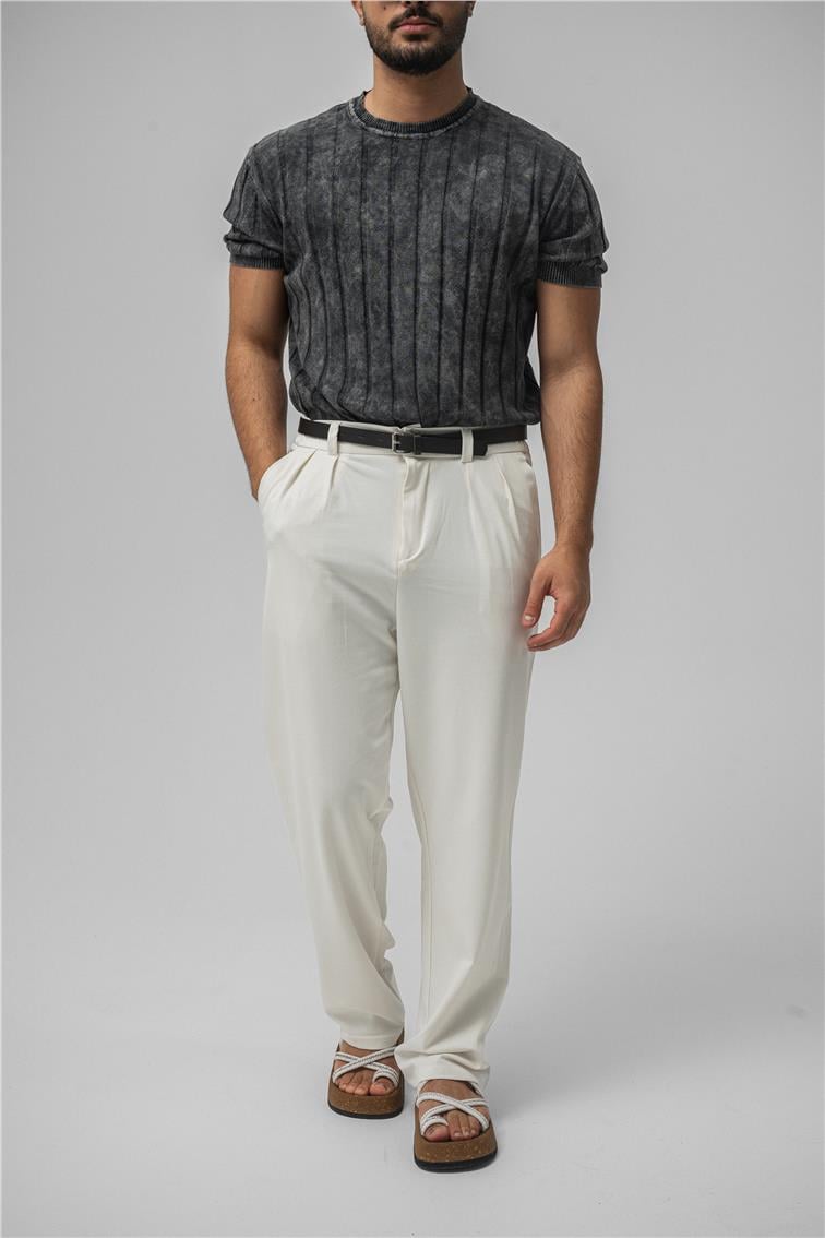 Slim Fit Washed Lines Knit T-Shirt Yıkamalı Siyah