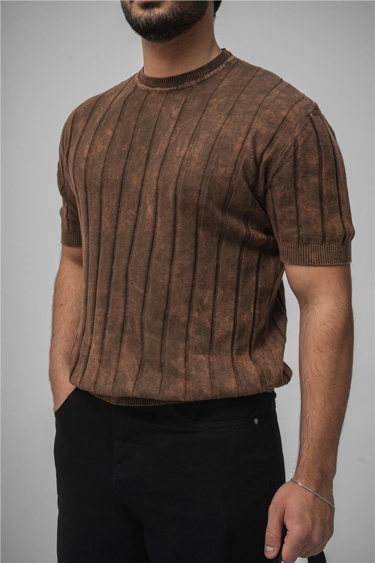 Slim Fit Washed Lines Knit T-Shirt Yıkamalı Kahve