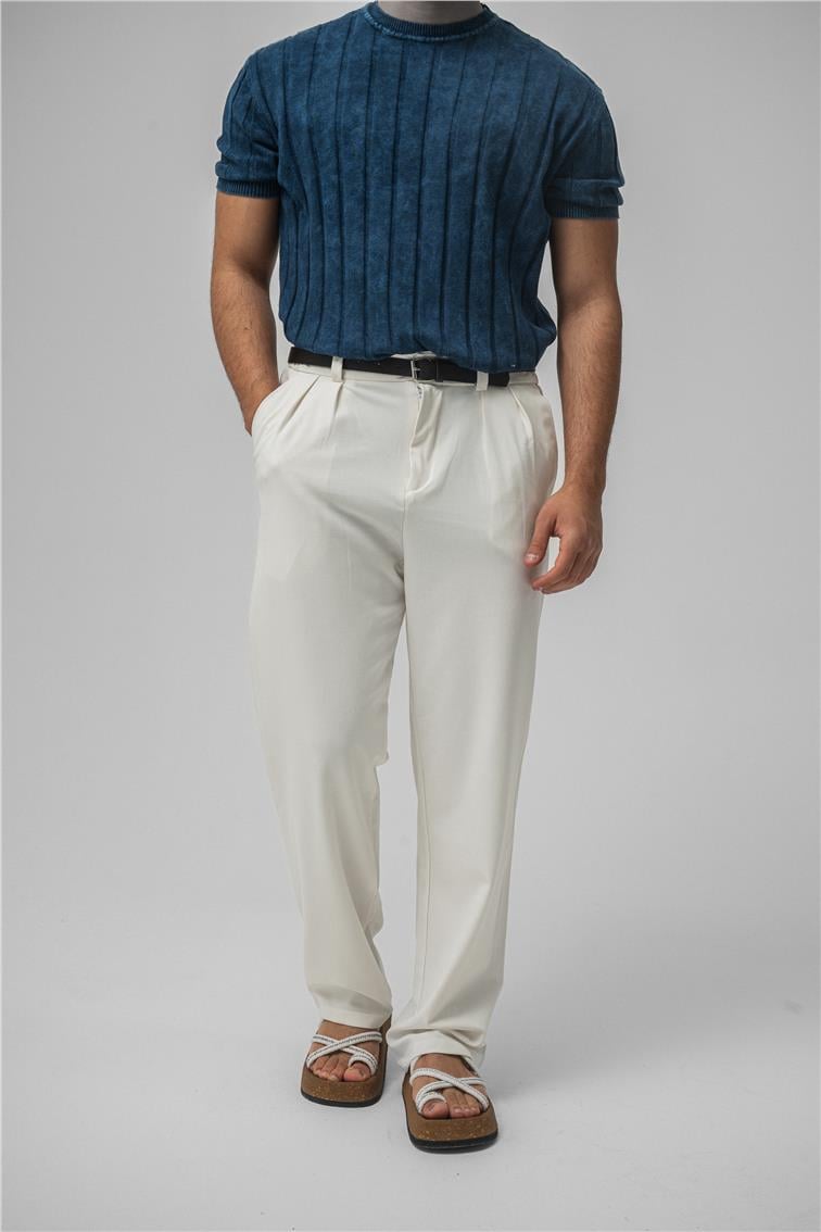 Slim Fit Washed Lines Knit T-Shirt Yıkamalı İndigo
