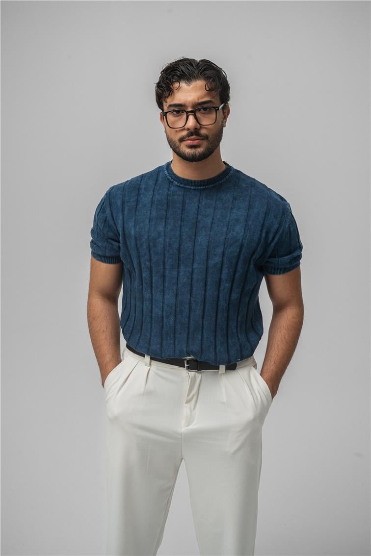 Slim Fit Washed Lines Knit T-Shirt Yıkamalı İndigo