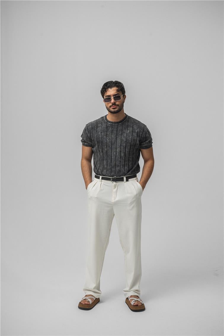 Slim Fit Washed Lines Knit T-Shirt Yıkamalı Siyah