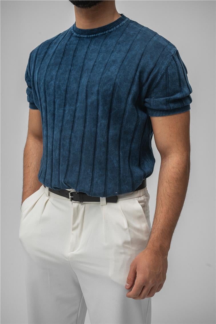 Slim Fit Washed Lines Knit T-Shirt Yıkamalı İndigo