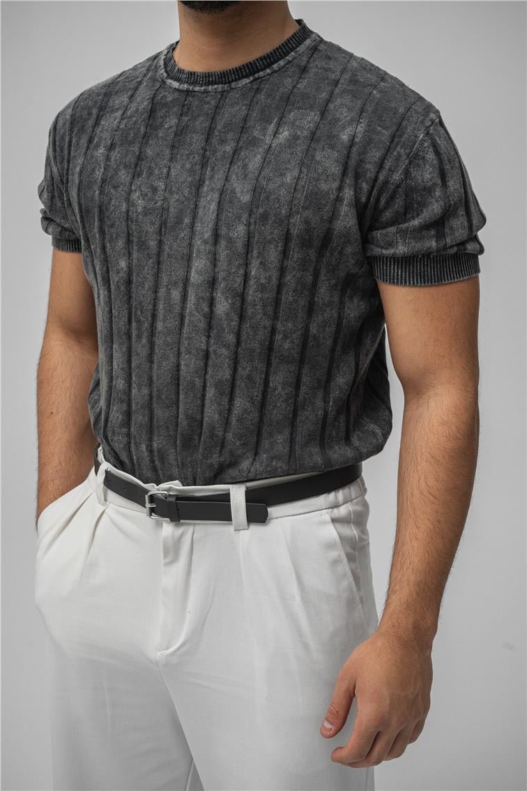 Slim Fit Washed Lines Knit T-Shirt Yıkamalı Siyah