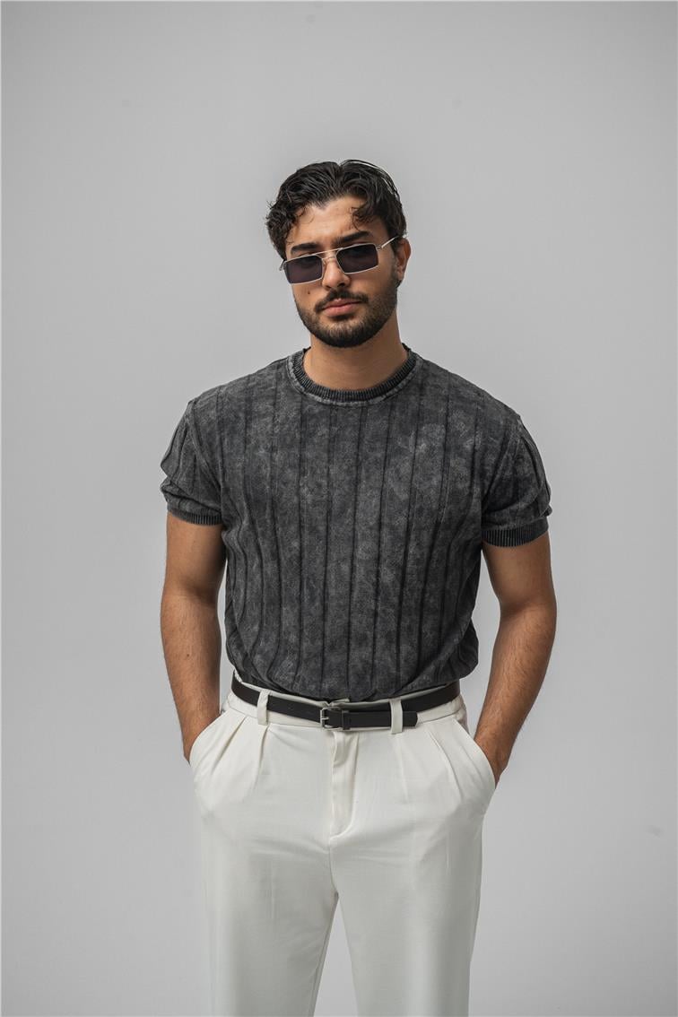 Slim Fit Washed Lines Knit T-Shirt Yıkamalı Siyah