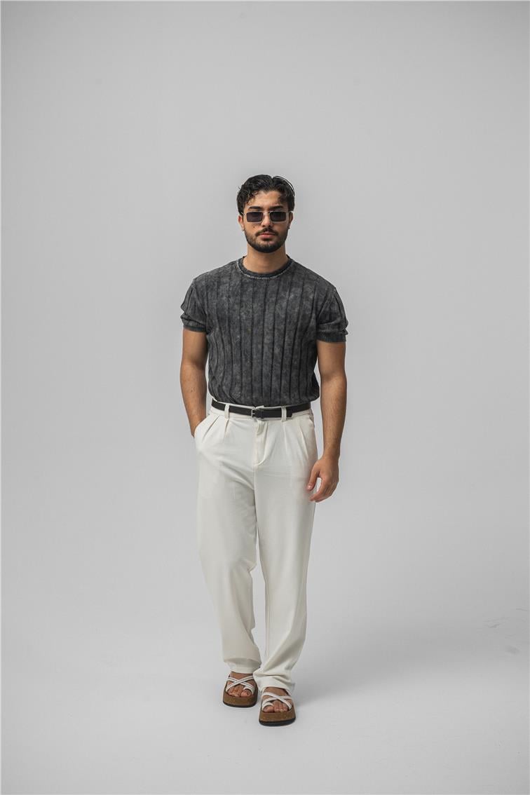 Slim Fit Washed Lines Knit T-Shirt Yıkamalı Siyah