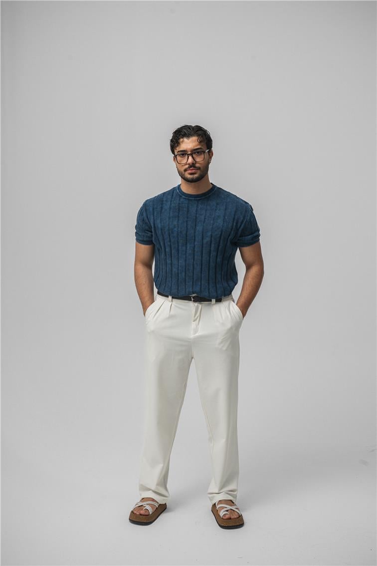 Slim Fit Washed Lines Knit T-Shirt Yıkamalı İndigo
