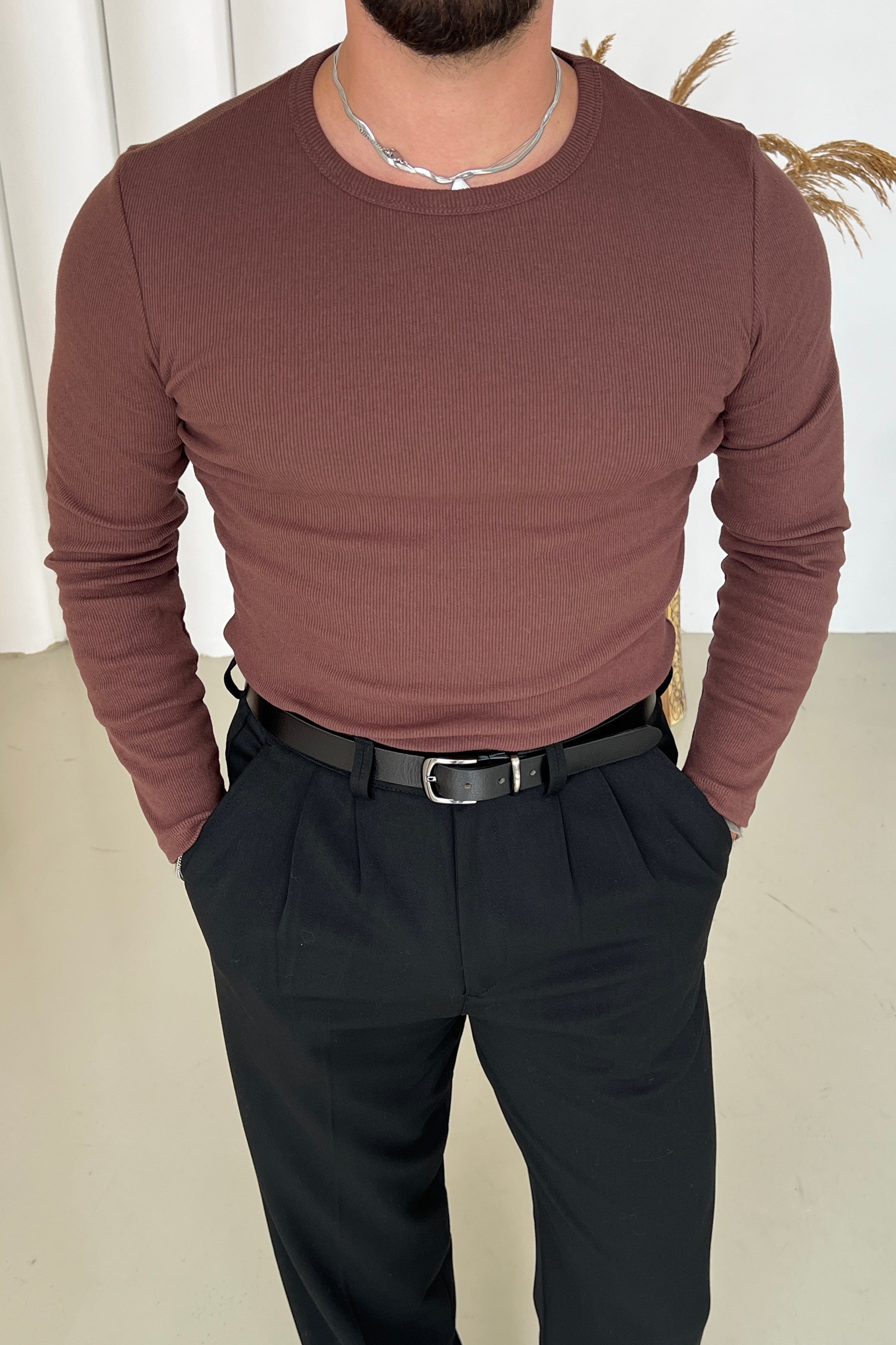 Slimfit Uzun Kol Basic Triko Kahve