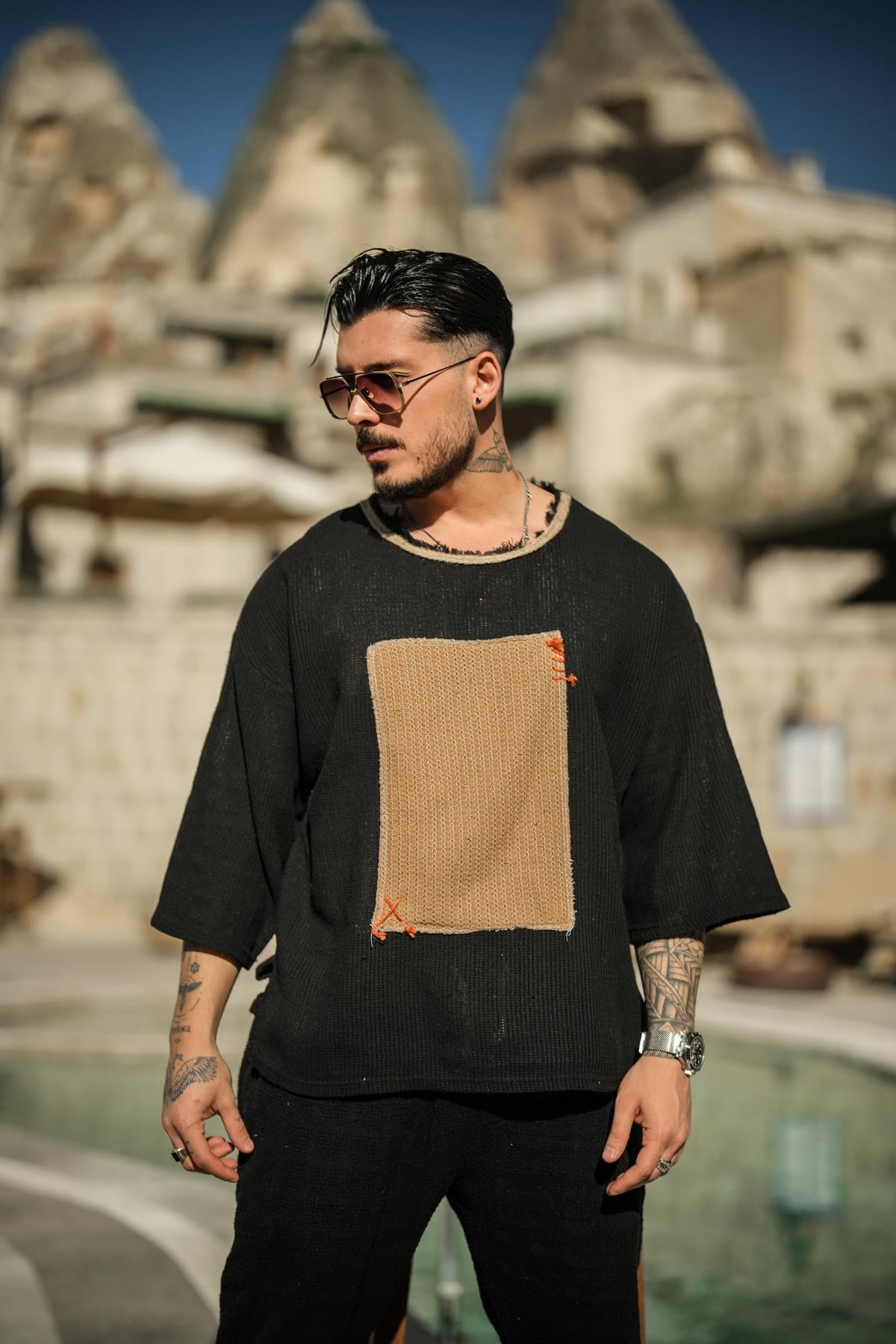 Soyut DEsenli Örmeli Oversize T-Shirt Siyah