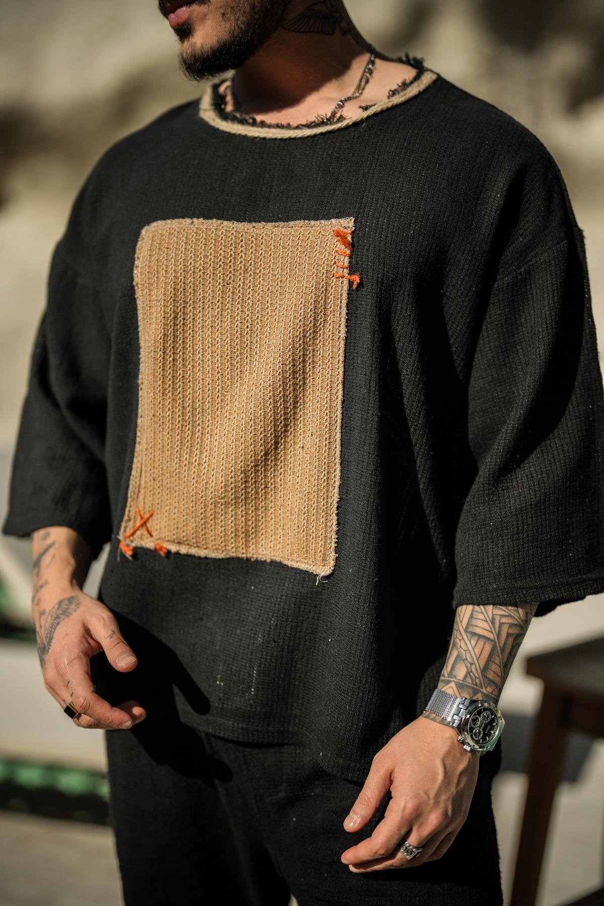 Soyut DEsenli Örmeli Oversize T-Shirt Siyah