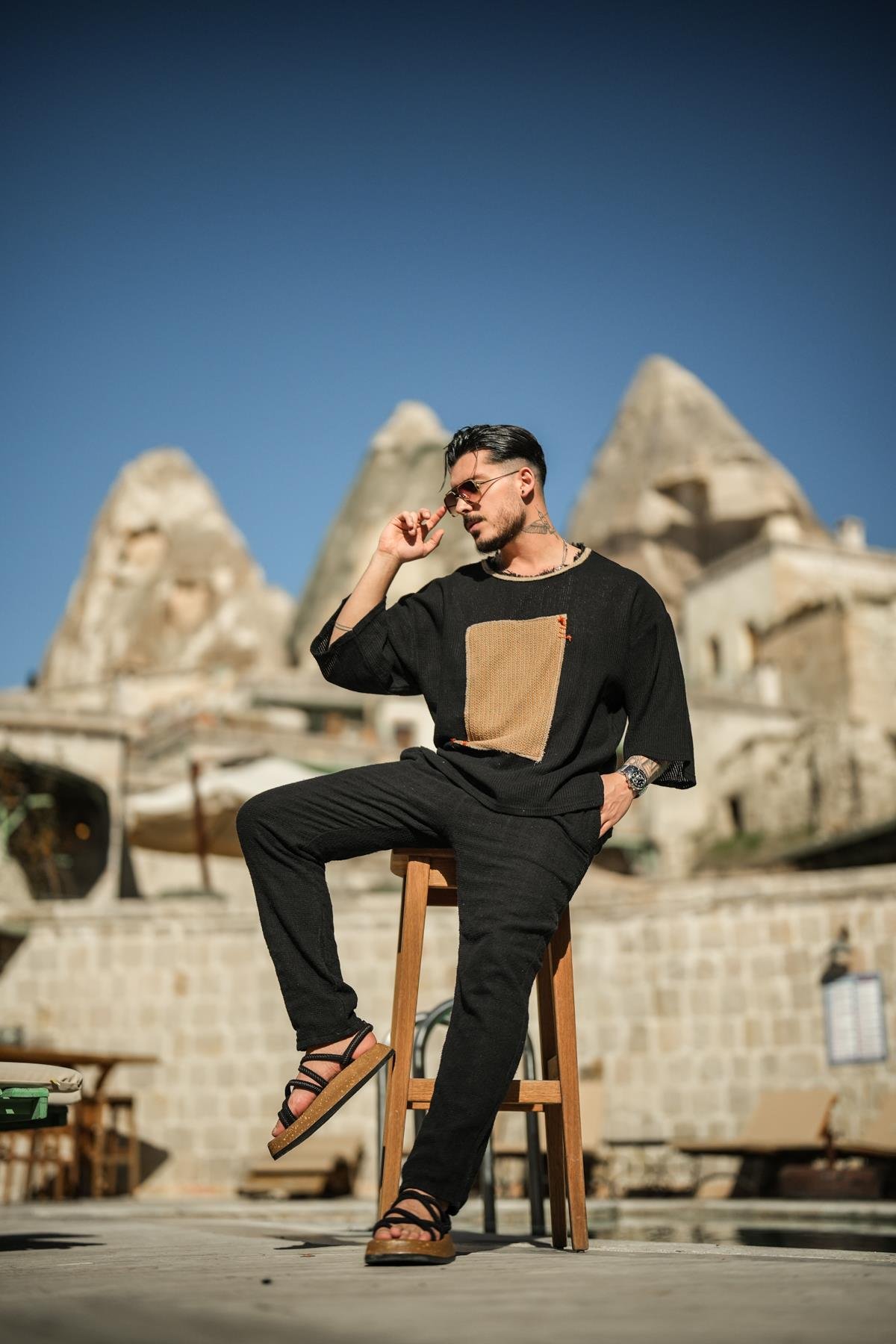 Soyut DEsenli Örmeli Oversize T-Shirt Siyah