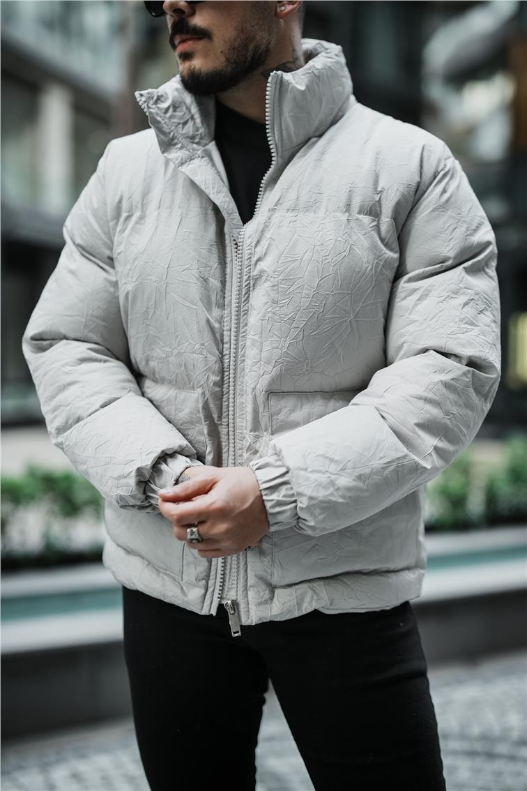 Su Geçirmez Kırışık Kumaş Oversize Şişme Mont Gri