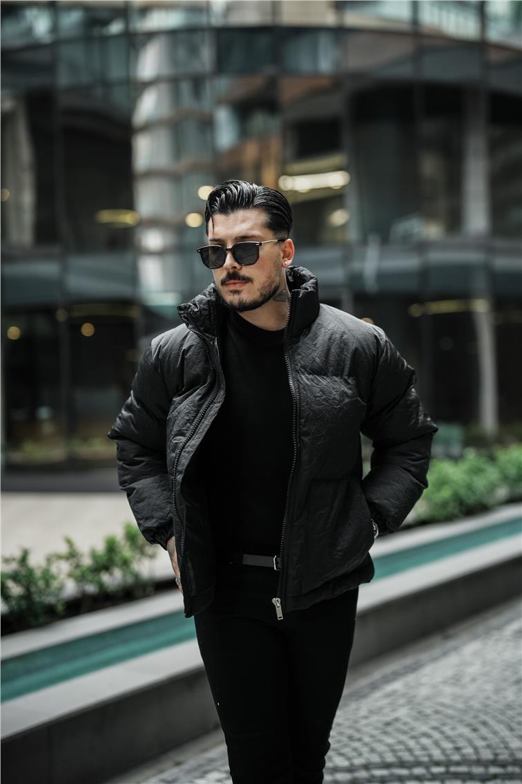 Su Geçirmez Kırışık Kumaş Oversize Şişme Mont Siyah