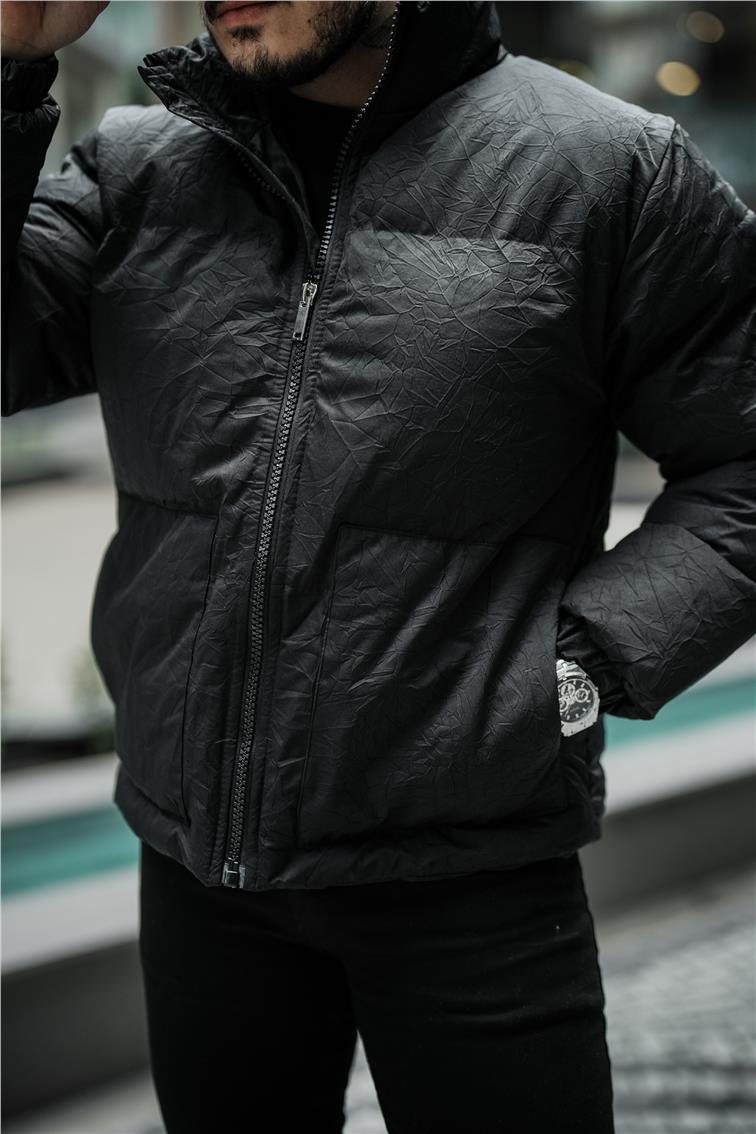 Su Geçirmez Kırışık Kumaş Oversize Şişme Mont Siyah