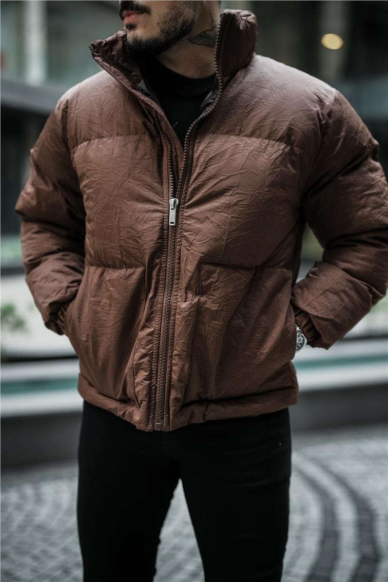 Su Geçirmez Kırışık Kumaş Oversize Şişme Mont Kahve